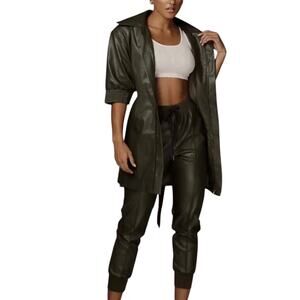 JENDAYA Vegan Leather Olive Belted Shirt Dress Shacket S